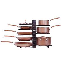 Load image into Gallery viewer, Adjustable Pan Organizer and Pot Rack with 8 Tiers, Rustproof Kitchen Cabinet Storage Organizer For Heavy Pots Pans and Cookware, Display On Counter w/ 3 Easy DIY Options (Vertical / Horizontal)