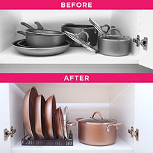 Load image into Gallery viewer, Expandable 7+ Pan Organizer and Pot Rack, Rustproof Kitchen Cabinet Storage Organizer For Heavy Pots Pans and Cookware, Counter Organization and Lid Holder, Easy To Pull and Expand Up To 22.9 Inches