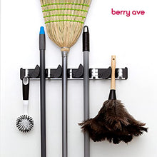 Load image into Gallery viewer, Berry Ave Broom Holder & Wall Mount Garden Tool Organizer- Kitchen, Garage & Laundry Room Storage With 4 Slots And 4 Hooks- Wall Holder For Broom, Rake & Mop Handles Up To 1.25”
