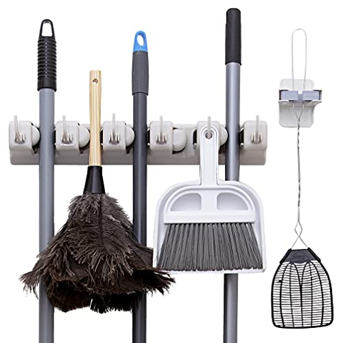 2 Pack Broom Holder w/ Mop Gripper - Self Adhesive, No-Drilling, Wall Mount Tool Organizers For Kitchen, Garage, Laundry Room- Anti-Slip Hanger For Brooms, Mops, Rakes, Dustpans (Combo Beige / White)