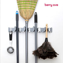 Load image into Gallery viewer, Berry Ave Broom Holder & Wall Mount Garden Tool Organizer- Kitchen, Garage & Laundry Room Storage With 4 Slots And 4 Hooks- Wall Holder For Broom, Rake & Mop Handles Up To 1.25”
