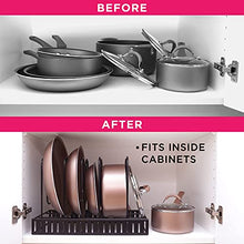 Load image into Gallery viewer, Adjustable Pan Organizer and Pot Rack with 8 Tiers, Rustproof Kitchen Cabinet Storage Organizer For Heavy Pots Pans and Cookware, Display On Counter w/ 3 Easy DIY Options (Vertical / Horizontal)