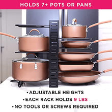 Load image into Gallery viewer, Adjustable Pan Organizer and Pot Rack with 8 Tiers, Rustproof Kitchen Cabinet Storage Organizer For Heavy Pots Pans and Cookware, Display On Counter w/ 3 Easy DIY Options (Vertical / Horizontal)
