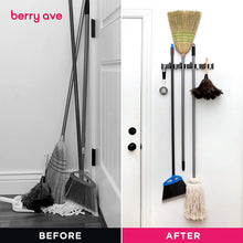 Load image into Gallery viewer, Berry Ave Broom Holder & Wall Mount Garden Tool Organizer- Kitchen, Garage & Laundry Room Storage With 4 Slots And 4 Hooks- Wall Holder For Broom, Rake & Mop Handles Up To 1.25”