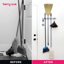 Load image into Gallery viewer, Berry Ave Broom Holder & Wall Mount Garden Tool Organizer- Kitchen, Garage & Laundry Room Storage With 4 Slots And 4 Hooks- Wall Holder For Broom, Rake & Mop Handles Up To 1.25”