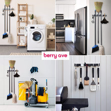Load image into Gallery viewer, Berry Ave Broom Holder & Wall Mount Garden Tool Organizer- Kitchen, Garage & Laundry Room Storage With 4 Slots And 4 Hooks- Wall Holder For Broom, Rake & Mop Handles Up To 1.25”