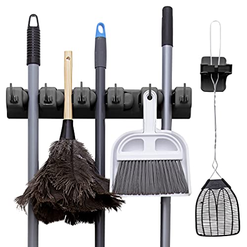 2 Pack Broom Holder w/ Mop Gripper - Self Adhesive, No-Drilling, Wall Mount Tool Organizers For Kitchen, Garage, Laundry Room- Anti-Slip Hanger For Brooms, Mops, Rakes, Dustpans (Combo Black / Black)
