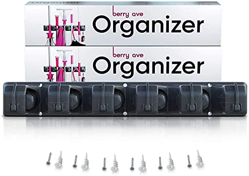 Berry Ave Broom Holder & Wall Mount Garden Tool Organizer- Kitchen, Closet, Garage & Laundry Room Storage w/ 5 Slots And 6 Hooks- Wall Holder For Broom, Rake & Mop Handles Up To 1.25” [Black, 4 Pack]