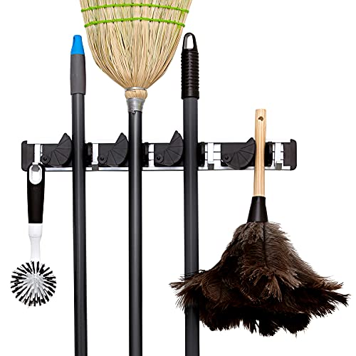 Berry Ave Broom Holder & Wall Mount Garden Tool Organizer- Kitchen, Garage & Laundry Room Storage With 4 Slots And 4 Hooks- Wall Holder For Broom, Rake & Mop Handles Up To 1.25”