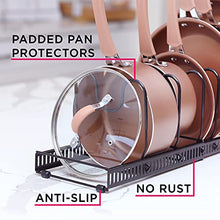 Load image into Gallery viewer, Expandable 7+ Pan Organizer and Pot Rack, Rustproof Kitchen Cabinet Storage Organizer For Heavy Pots Pans and Cookware, Counter Organization and Lid Holder, Easy To Pull and Expand Up To 22.9 Inches
