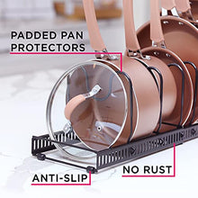 Load image into Gallery viewer, Expandable 7+ Pan Organizer and Pot Rack, Rustproof Kitchen Cabinet Storage Organizer For Heavy Pots Pans and Cookware, Counter Organization and Lid Holder, Easy To Pull and Expand Up To 22.9 Inches
