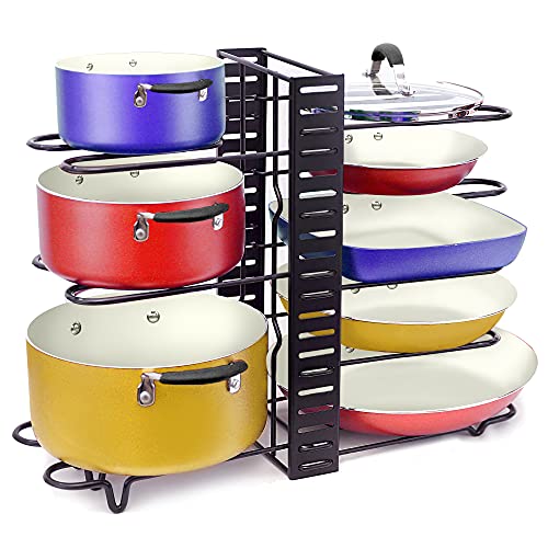 Adjustable Pan Organizer and Pot Rack with 8 Tiers, Rustproof Kitchen Cabinet Storage Organizer For Heavy Pots Pans and Cookware, Display On Counter w/ 3 Easy DIY Options (Vertical / Horizontal)
