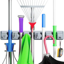 Load image into Gallery viewer, Berry Ave Broom Holder &amp; Wall Mount Garden Tool Organizer- Kitchen, Closet, Garage &amp; Laundry Room Storage With 5 Slots And 6 Hooks- Wall Holder For Broom, Rake &amp; Mop Handles Up To 1.25” [Gray, 2 Pack]
