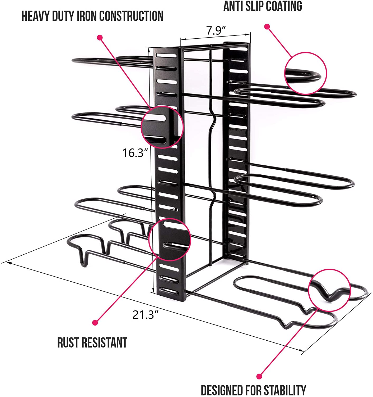 Adjustable Pan Organizer and Pot Rack with 8 Tiers, Rustproof