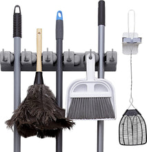 Load image into Gallery viewer, 2 Pack Broom Holder w/ Mop Gripper - Self Adhesive, No-Drilling, Wall Mount Tool Organizers For Kitchen, Garage, Laundry Room- Anti-Slip Hanger For Brooms, Mops, Rakes, Dustpans (Combo Gray / White)
