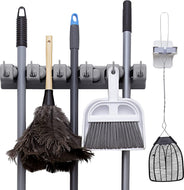 2 Pack Broom Holder w/ Mop Gripper - Self Adhesive, No-Drilling, Wall Mount Tool Organizers For Kitchen, Garage, Laundry Room- Anti-Slip Hanger For Brooms, Mops, Rakes, Dustpans (Combo Gray / White)