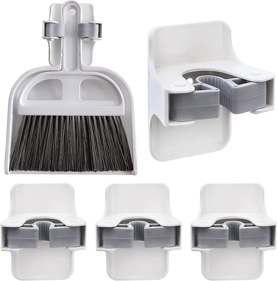 Berry Ave Broom Holder & Mop Grippers [5-Pack]- Self Adhesive, No-Drilling, Wall Mount Tool Organizers For Kitchen, Garage, Laundry Room- Anti-Slip Hanger For Brooms, Mops, Rakes, Dustpans- White