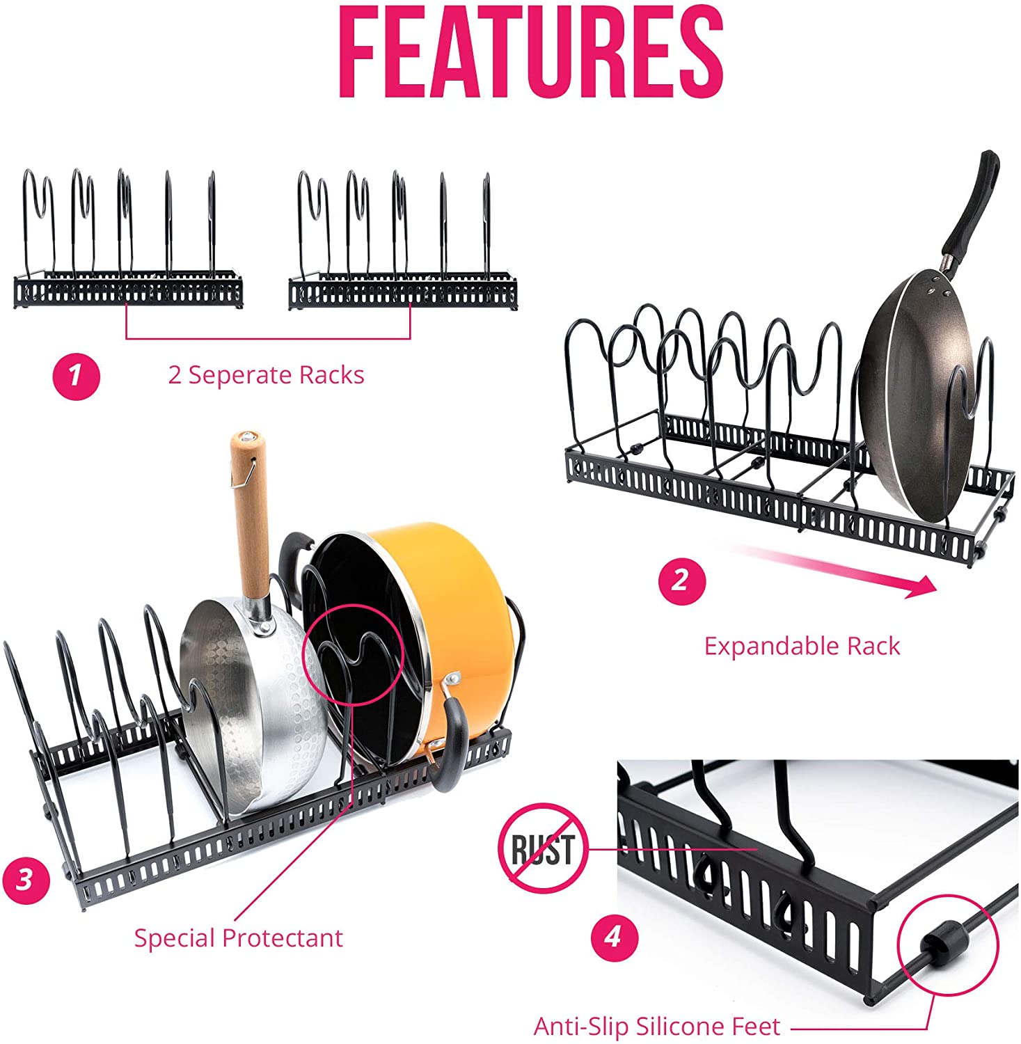 XL Expandable 10+ Pan Organizer and Pot Rack, Rustproof Kitchen Cabinet  Storage Organizer For Heavy Pots Pans and Cookware, Counter Organization  and